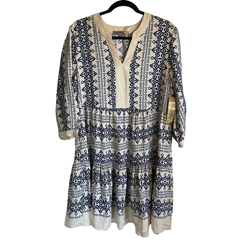 Figueroa & Flower NEW Tiered Boho Dress Sz L V-Neckline Blue Cream Geo Print